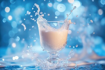 Milk splashes dramatically from a glass against a vibrant blue background, creating a visually captivating moment filled with energy and fluid motion