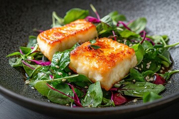 Fried halloumi cheese served on a bed of fresh green salad with purple cabbage and sesame seeds in a black bowl