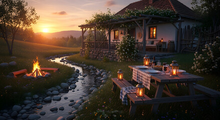 Charming rustic cottage by a tranquil stream at sunset, with a cozy campfire and an inviting picnic table, creating a peaceful golden hour outdoor scene