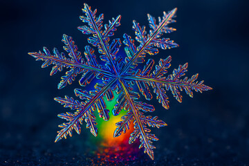 Macro close up of iridescent snowflake crystal reflecting rainbow colors, detailed frost pattern illuminated on dark background, natural ice structure showing symmetry, beauty of winter frozen formati