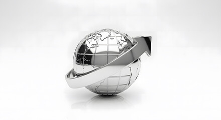 Metal globe with upward arrow symbolizing global business growth