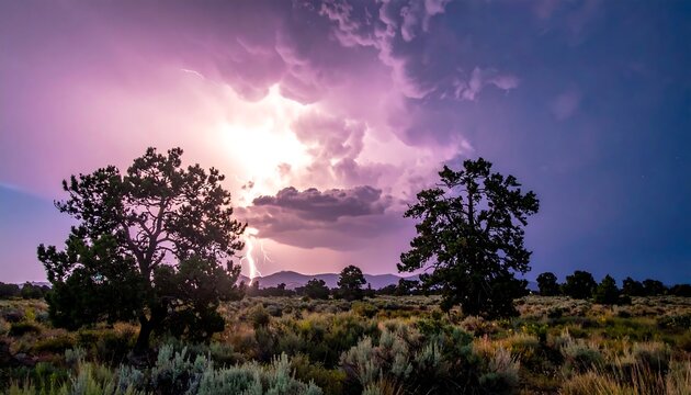 Impressive lightning strike over arid landscape, framed by dark silhouettes of trees against a stormy, purple sky - Powered by Adobe
