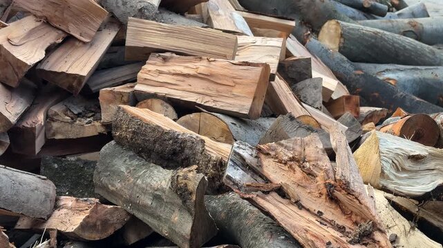 Close-up shot of chopped firewood logs showing tree bark, wood texture, and traces of recent cutting &mdash; representing deforestation, logging, or renewable energy concepts.