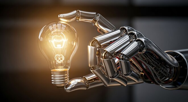 Robotic Hand Holding Illuminated Light Bulb in Dark Environment