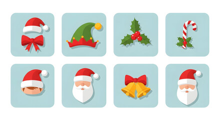 Christmas icon set with Santa hats elf hat candy cane and bells flat vector design for holiday season isolated on blue background