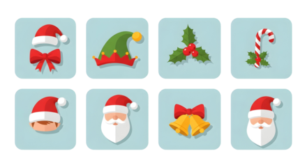 Christmas icon set with Santa hats elf hat candy cane and bells flat vector design for holiday season isolated on blue background