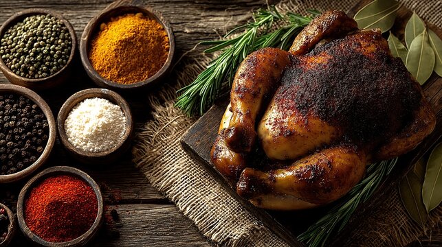 Whole roasted chicken on burlap with spices arranged around it on an old wooden table featuring cumin chili powder red pepper rosemary and bay leaves - Powered by Adobe