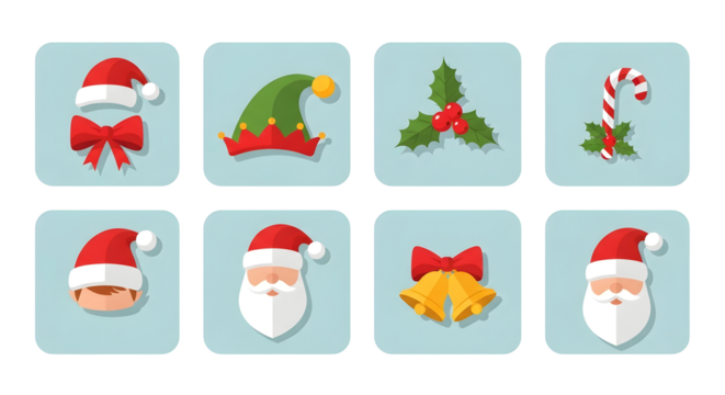Christmas icon set with Santa hats elf hat candy cane and bells flat vector design for holiday season isolated on blue background