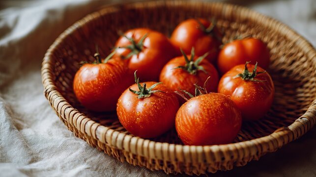 Juicy ripe heirloom tomatoes glistening with water droplets in a rustic woven basket
