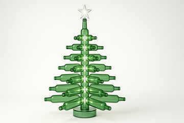 Futuristic eco Christmas tree made from recycled green glass bottles with glowing lights and star on top, modern sustainable holiday decoration concept, creative minimal design symbol of green energy 