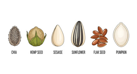 A vibrant collection of nutrient-rich culinary seeds including chia, hemp, sesame, sunflower, flax, and pumpkin, perfect for healthy eating, baking, and cooking applications