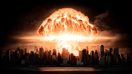 Massive nuclear explosion over modern city skyline at night