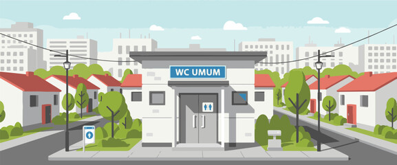 Public restroom building with trees and houses, WC UMUM sign in front of a blue sky