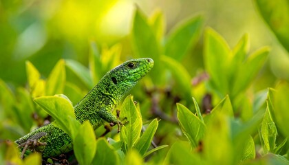 A vivid green lizard rests camouflaged in a bright, verdant bush