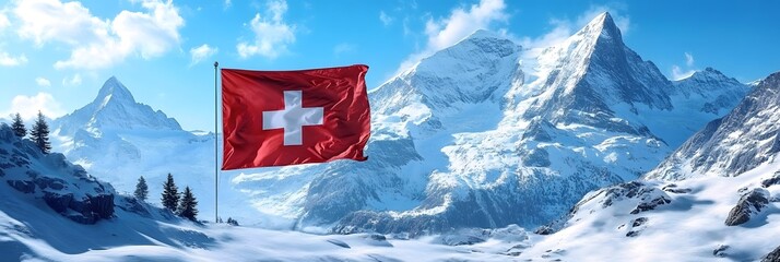 Majestic Swiss mountains under a clear blue sky with the national flag waving in the foreground