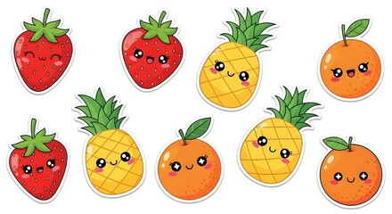 Kawaii Fruit Stickers – Cute Strawberry, Pineapple & Orange Clip Art Set