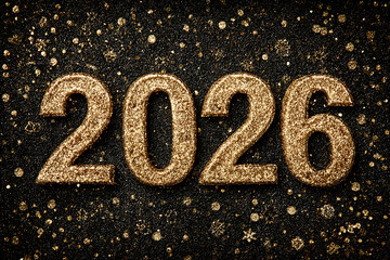 New Year, 2026 written in sparkling golden glitter on a black background, high resolution image