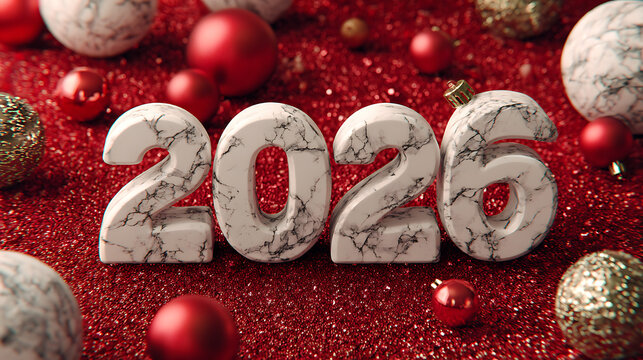 New year 2026, marble textured numbers on sparkling red glitter, surrounded by festive christmas ornaments, high resolution image