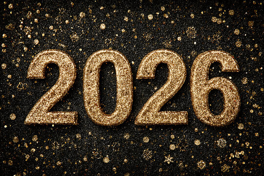 New Year, 2026 written in sparkling golden glitter on a black background, high resolution image