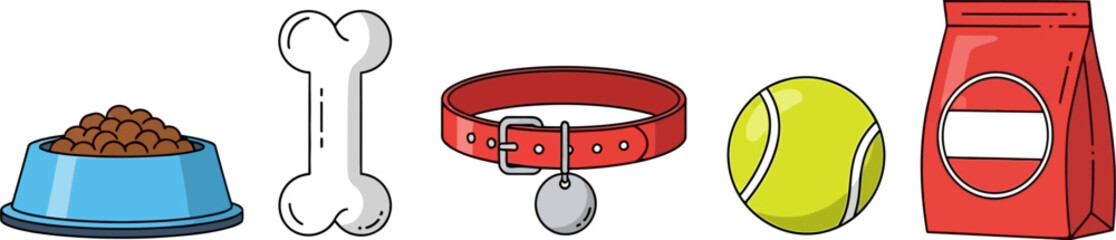 Cute Cartoon Dog Accessories Collection Isolated on White