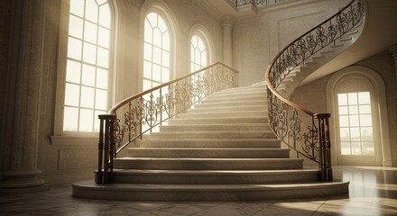 Elegant spiral staircase with ornate railing bathed in soft light from arched windows adds a touch