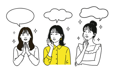 Three young women with thought bubbles expressing ideas vector set