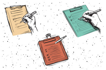 Sketches Of Empty Checklists With A Writing Hand And Pen - Vector Illustrations Isolated On White Background