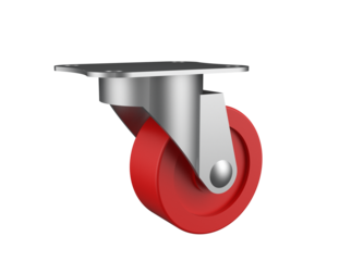 High-def visualization of a heavy-duty industrial plate caster: Robust metallic housing supporting a durable red polyurethane tire, perfect for machinery mobility solutions and clear background