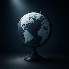 Illuminated globe under dramatic spotlight, realistic world map model symbolizing global awareness, education, geography, climate change, exploration, travel and earth concept on dark minimalist backg