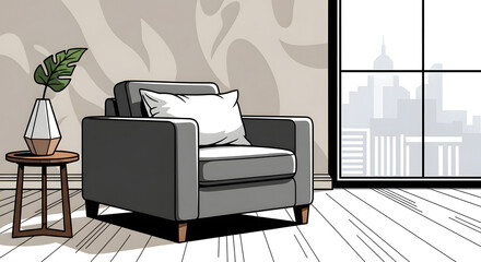 Serene Modern Living Room Illustration with Cityscape View, Featuring a Plush Armchair and Minimalist Decor for Urban Relaxation and Home Comfort