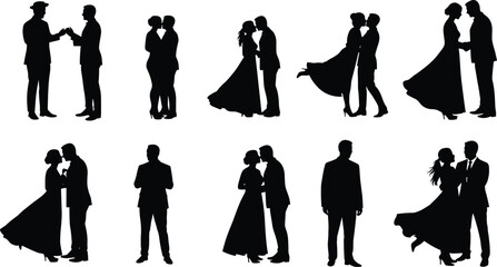 Couple and individual silhouettes, romantic, social, and formal poses, black and white, dancing, kissing, hugging, relationship illustration, design