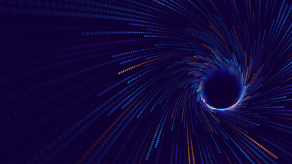 Naklejka premium Digital Data Flow Spiral with Glowing Dots and Speed Lines in Futuristic Tech Vortex Style Backdrop. High-Tech or Science Background. Abstract Particles Vector Illustration.