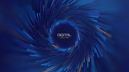 Digital Data Flow Spiral with Glowing Dots and Speed Lines in Futuristic Tech Vortex Style Backdrop. High-Tech or Science Background. Abstract Particles Vector Illustration. © ec0de