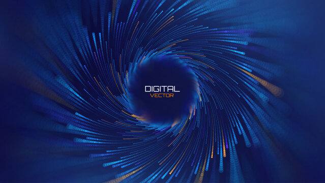 Digital Data Flow Spiral with Glowing Dots and Speed Lines in Futuristic Tech Vortex Style Backdrop. High-Tech or Science Background. Abstract Particles Vector Illustration.