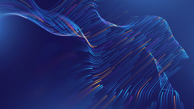 Big Data Technology Flow Background with Neural Network Particles and Digital Stream Lines. Futuristic Data Science Concept. Tech Business Presentation or Annual Report Template. Vector Illustration.