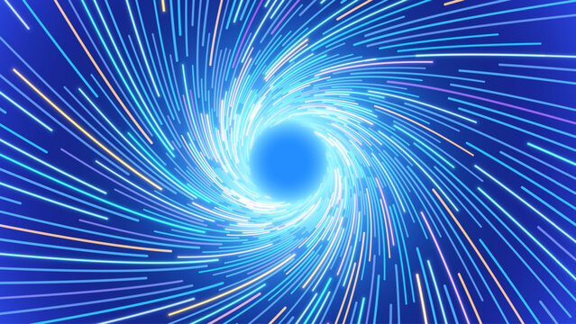 Speed Of Light Travel Tunnel With Glowing Lines In Spiral Motion. Hyperspace Vortex Concept, Futuristic Data Flow Background. Time Travel Teleportation Effect. Vector Illustration.