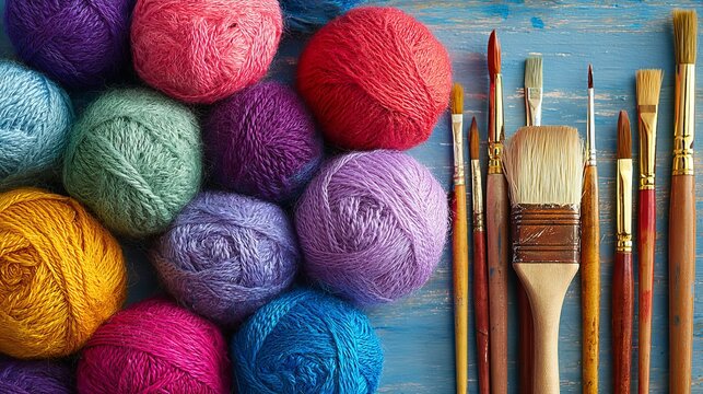Vibrant yarn balls and artist paintbrushes arranged on a rustic blue wooden surface, inspiring creativity