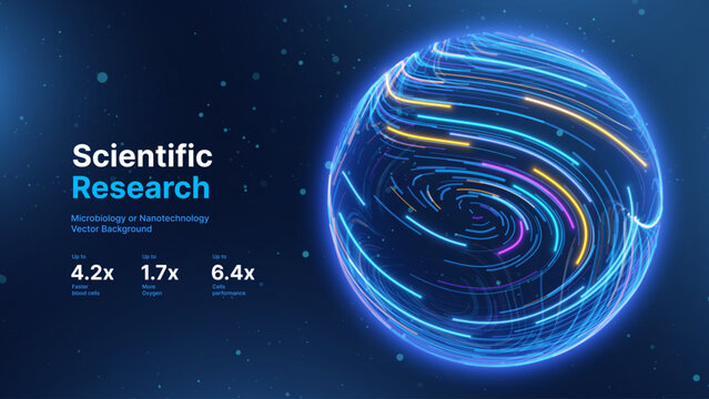 Abstract Science Cell Scientific Medical Research Background. Blue 3D Sphere Backdrop Particles Effect. Futuristic Chemistry Physics Microbiology Concept. Tech BG Vector Illustration.