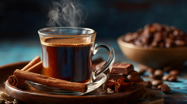 Hot black coffee in glass cup with cinnamon and chocolate on wooden table