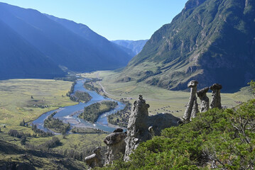 Stone mushrooms with overlooking the valley, geological formation in the Altai mountain region