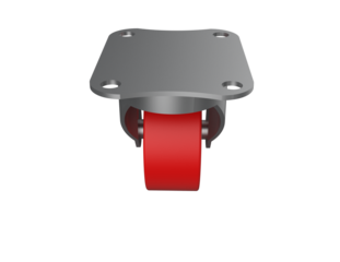 High-def visualization of a heavy-duty industrial plate caster: Robust metallic housing supporting a durable red polyurethane tire, perfect for machinery mobility solutions and clear background
