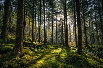 Sunlight Streaming Through a Dense Green Forest with Tall Trees and Mossy Ground Creating a Serene and Natural Woodland Landscape in Warm Light