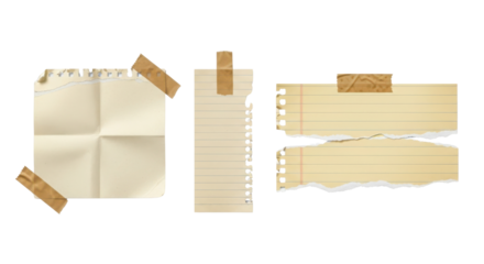 Paper sheets and scraps attached with tape for message or note isolated PNG with Transparent Background
