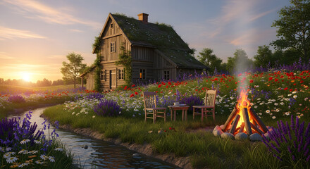 Charming rustic cottage nestled in a vibrant wildflower meadow, with a cozy campfire flickering by a tranquil stream at breathtaking sunset, an idyllic rural escape