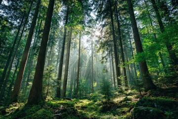 Obraz premium Sunlight Shining Through Tall Trees in a Dense Green Forest with Lush Foliage and Skyward Perspective