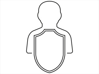 Editable stroke person silhouette with shield on chest symbolizing protection security user privacy data protection cybersecurity profile safety insurance trust vector icon for web app UI branding 