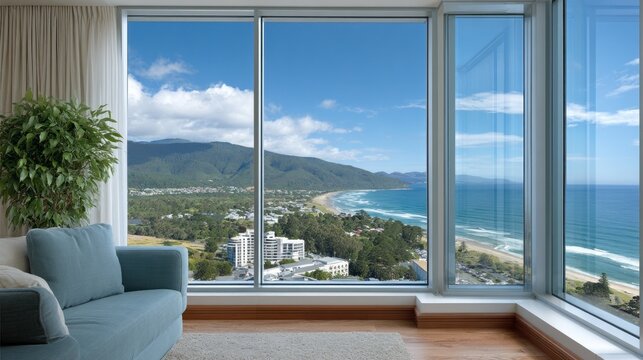 A large window in a living room overlooks a beach and a city
