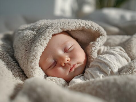 Close-up of a baby sleeping peacefully, wrapped in a soft towel blanket. Gentle natural light and serene expression capture warmth, comfort, and tenderness.