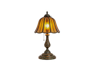 Obraz premium Tage tiffany style table lamp with amber stained glass shade and ornate bronze base isolated on white background.