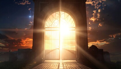Grand ornamental gate with sunlight streaming through it, set against a dramatic, colorful sunset and dark landscape
